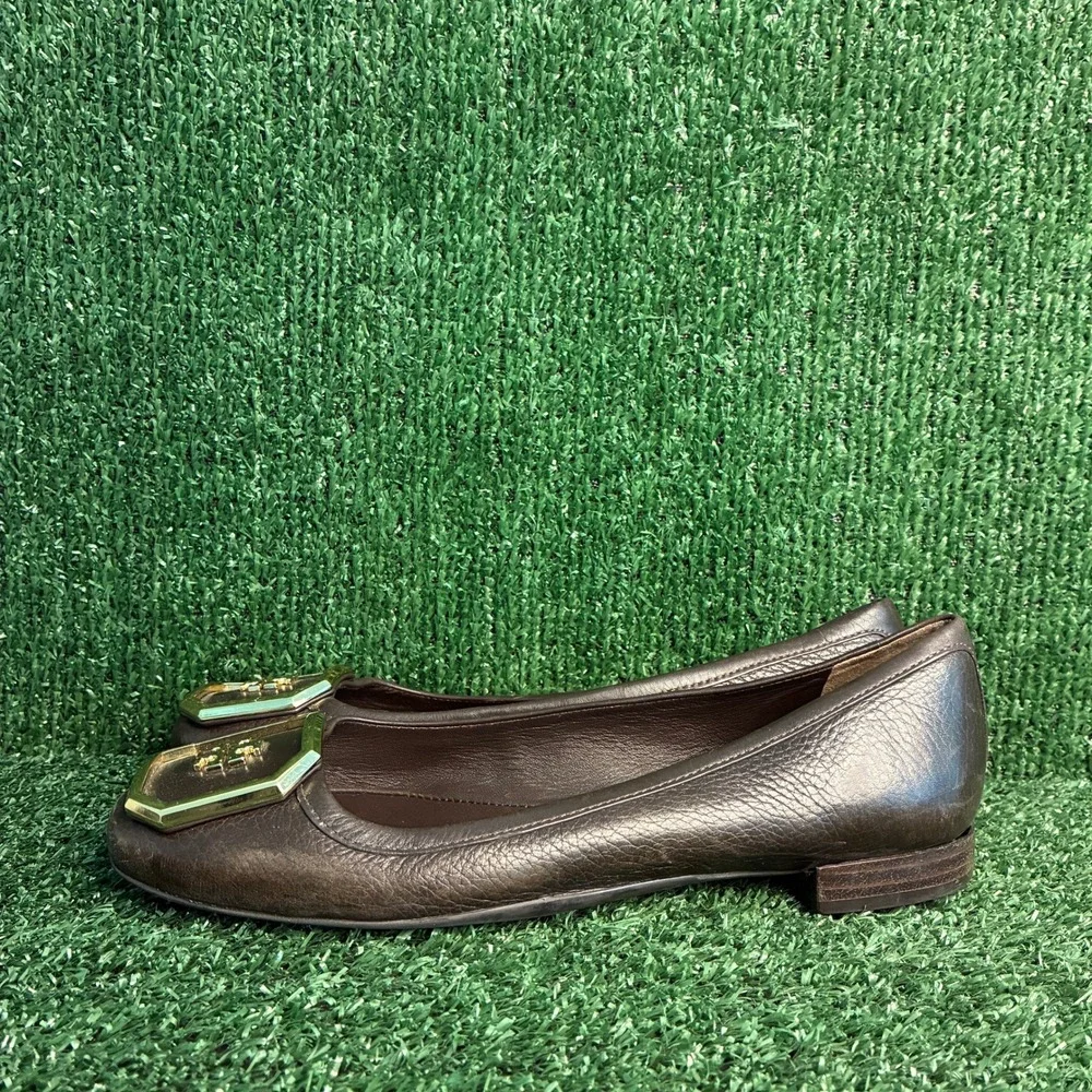 Tory Burch Georgia Hexagon Logo Leather Ballet Flat Dress Shoes Brown Womens 7M